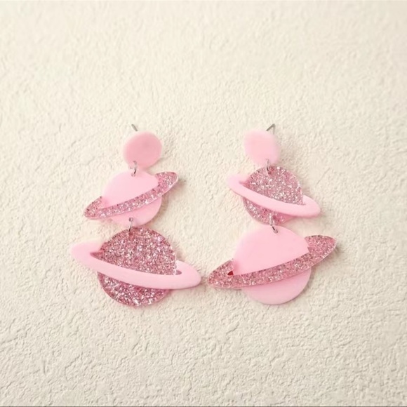 Sparkle Pink Saturn Planet Acrylic Drop Stud Earrings - Picture 2 of 7